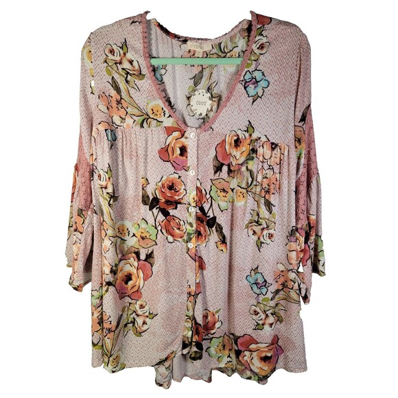 Oddy Top XL Boho Floral Lace Print Flowy Babydoll Blouse 1X Bell Sleeves NWT - Picture 1 of 11